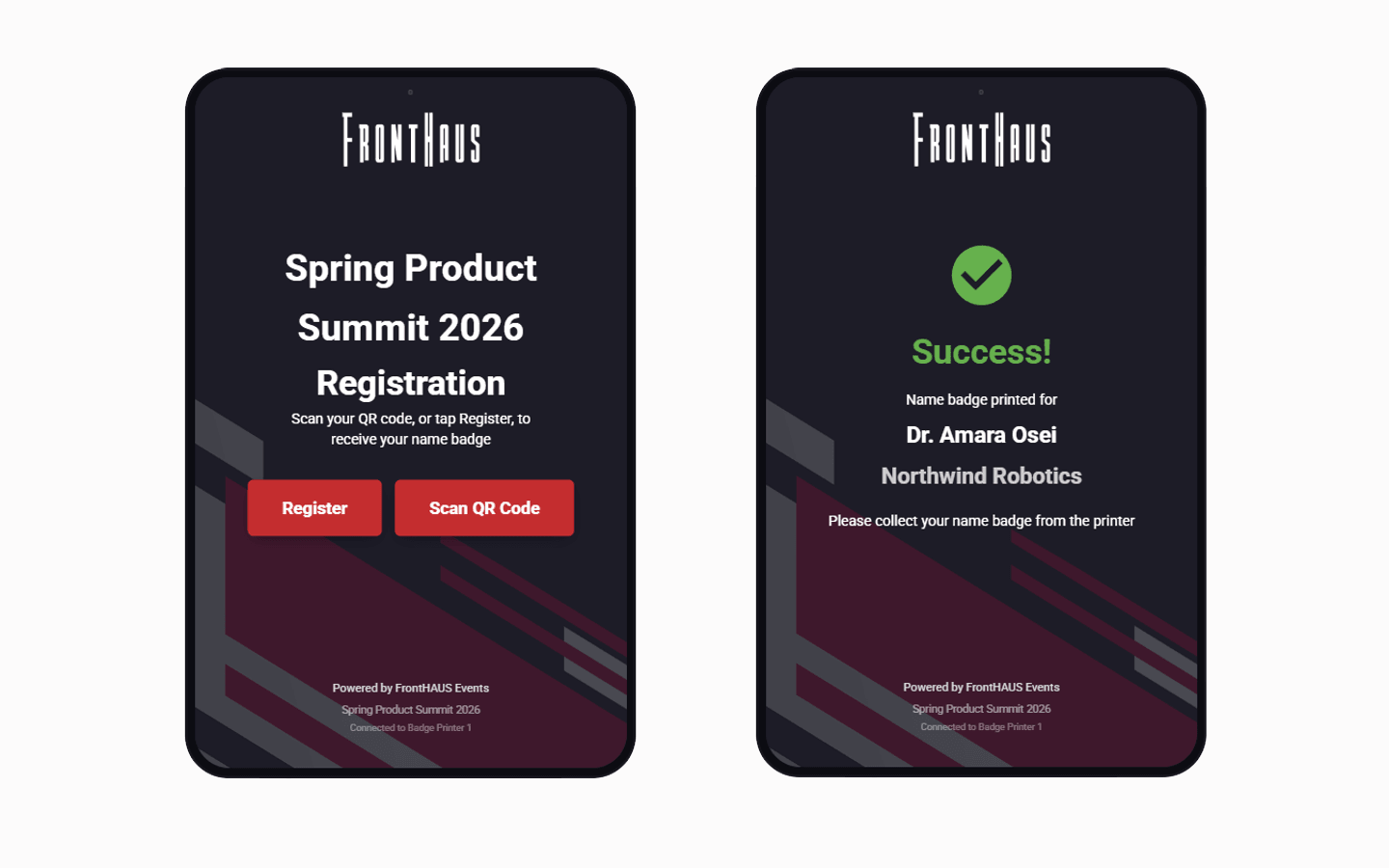 The FrontHAUS Kiosk check-in app — event registration welcome and printed name-badge confirmation